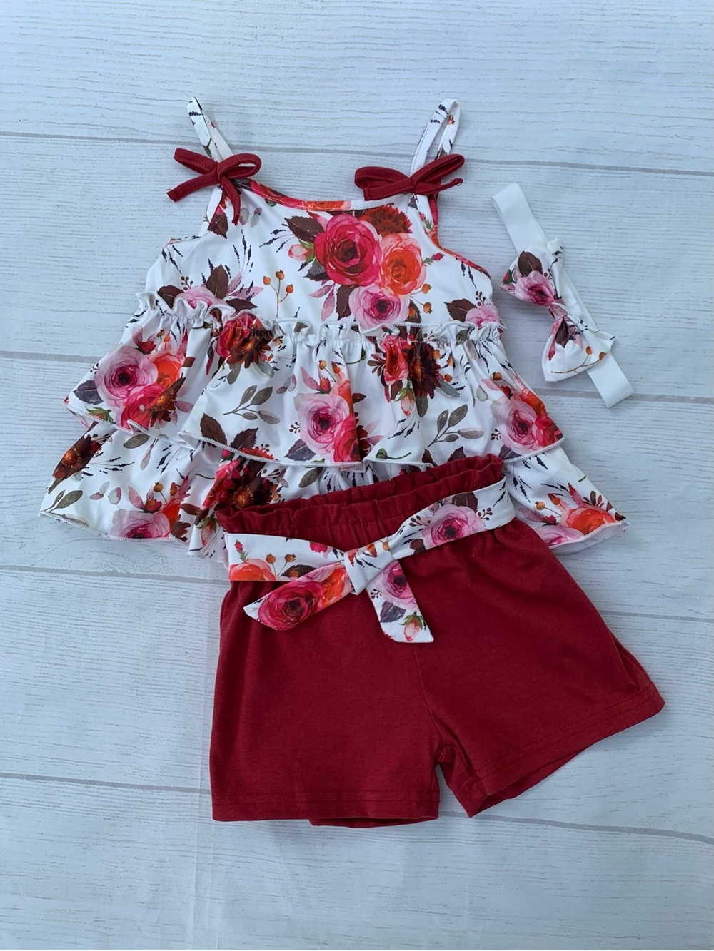 Girls Floral Ruffle Tank & Red Shorts Set with Headband